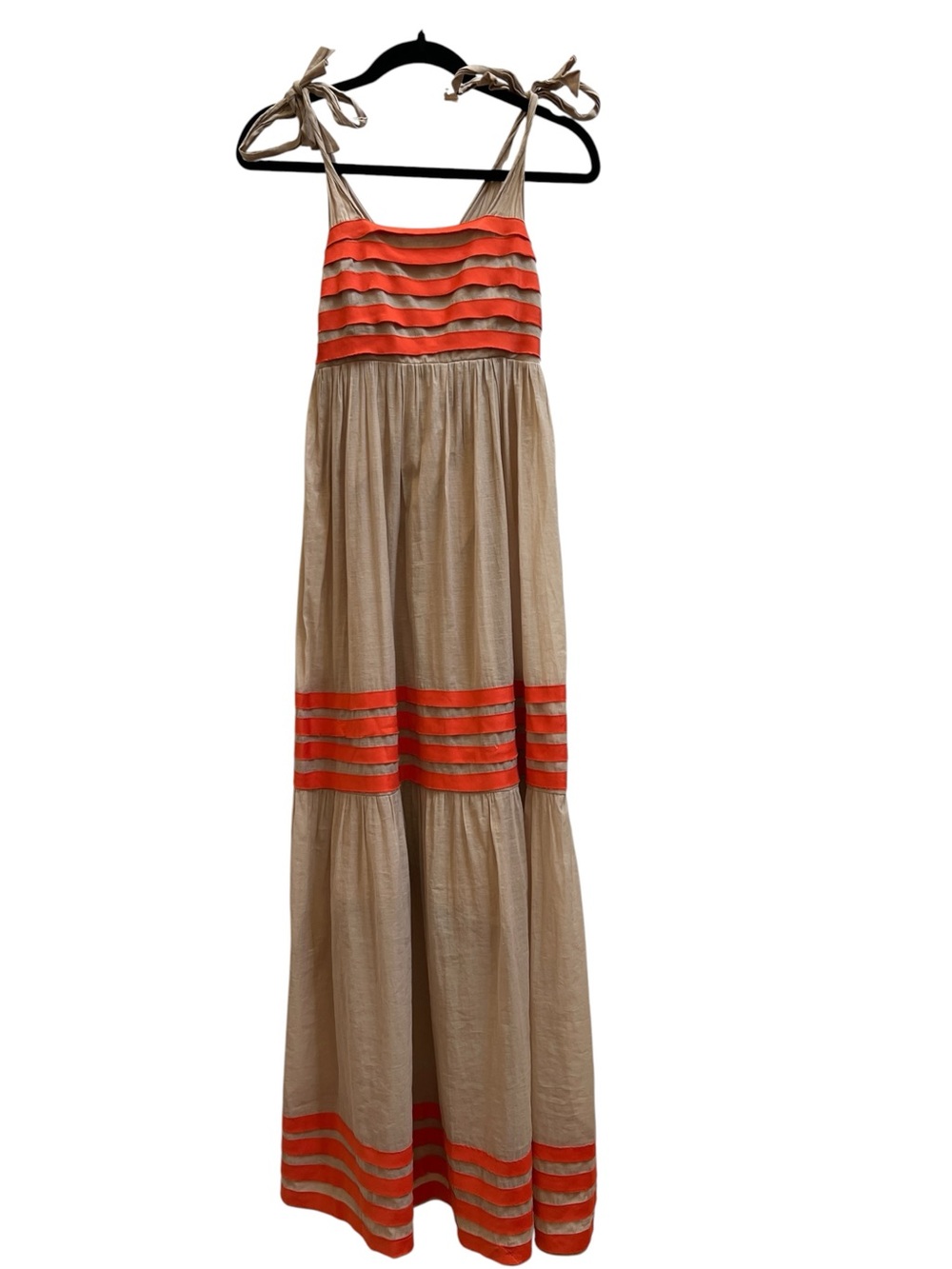 A’reve Tiered Maxi Sundress Small Beige Coral Orange Ribbon Boho Coastal Grandma - Picture 2 of 6